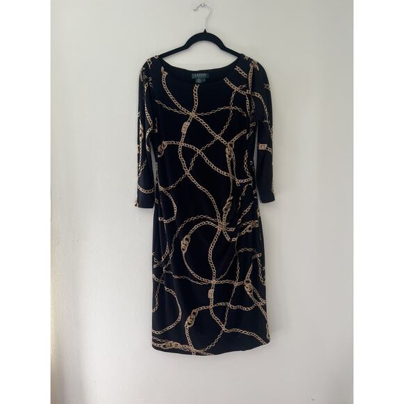 L AUREN RALPH LAUREN Black Gold Chain Link Jersey Dress Boat Neck bodycon sz 10 - Picture 5 of 11